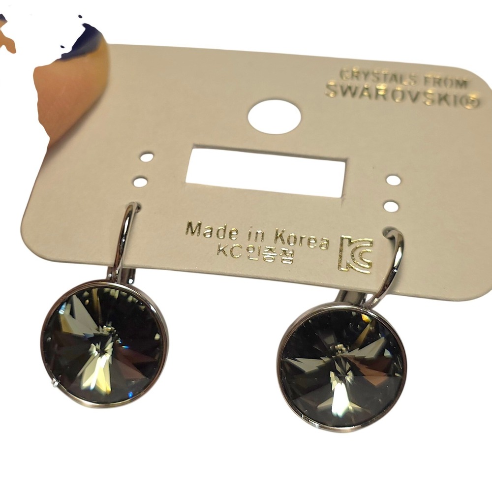 NWT Swarovski Crystal 13mm Black Diamond Gray‎ LeverbackEarrings Platinum Plated
